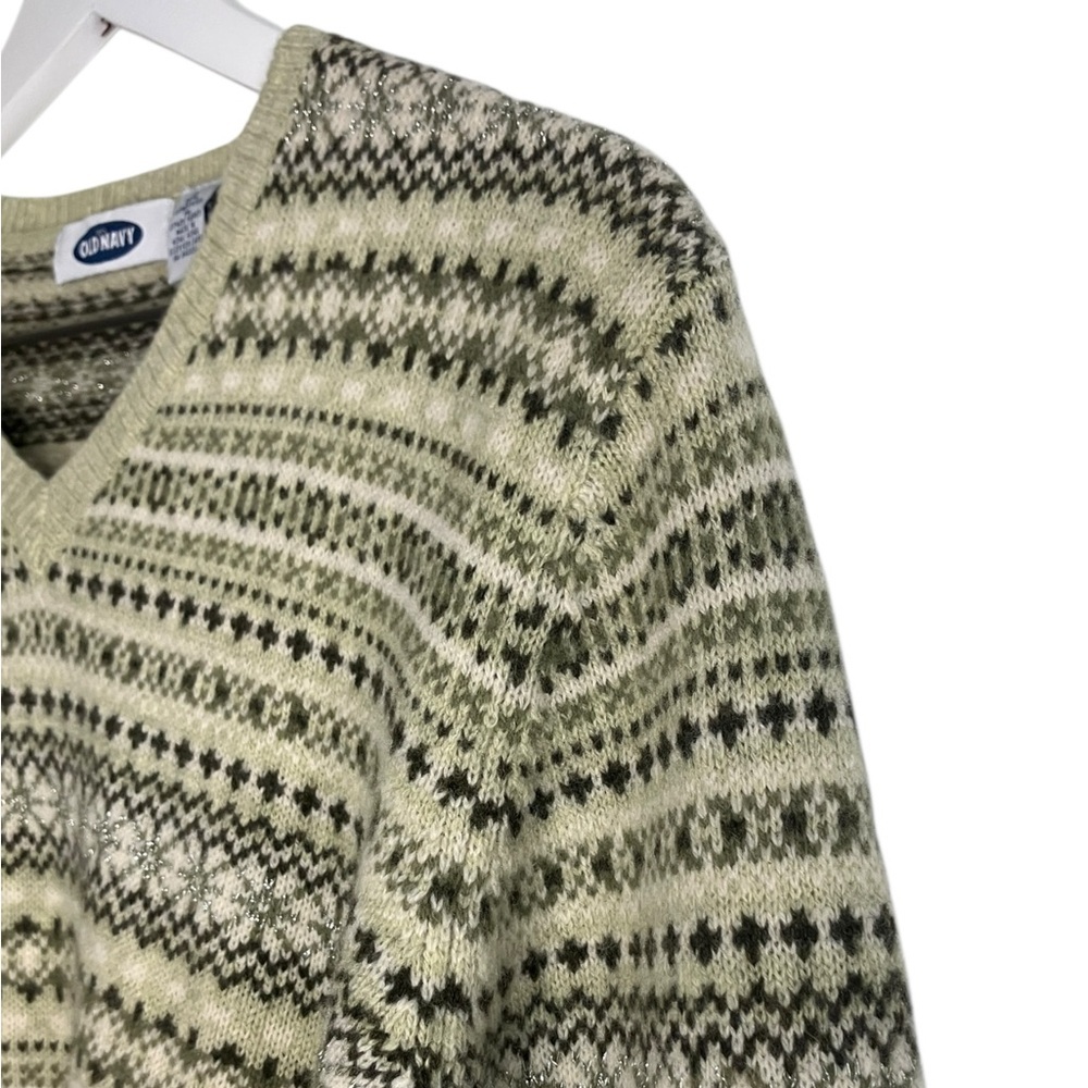Vintage Y2K Sweater Women’s L Green Silver Fair Isle Pullover Lambswool Preppy - Picture 4 of 7